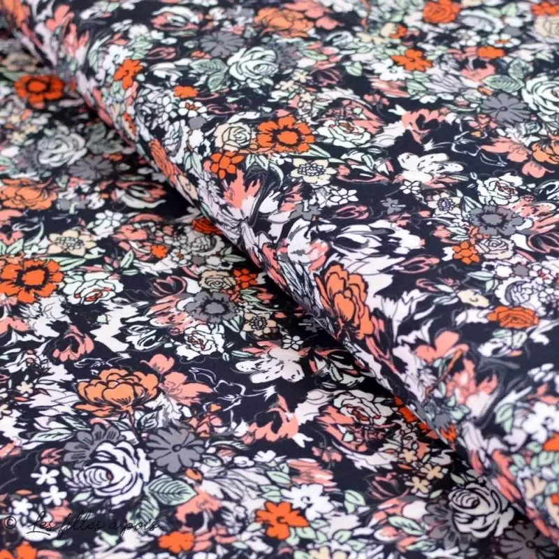 Tissu popeline de coton motif fleurs "Fusion Silkroad" - Noir, blanc et orange - AGF ® Art Gallery Fabrics ® - Tissus - 1