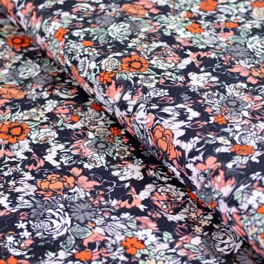 Tissu popeline de coton motif fleurs "Fusion Silkroad" - Noir, blanc et orange - AGF ® Art Gallery Fabrics ® - Tissus - 1