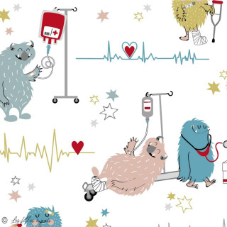 Tissu coton motif  "Monstre medical" - Blanc, bleu, rouge et ocre - Oeko-Tex ® et GOTS ® Autres marques - Tissus et mercerie - 1