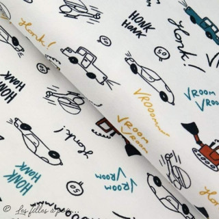 Tissu jersey motif voiture - Blanc, bleu, rouge et ocre - Oeko-Tex ® - Stenzo Textiles ® Stenzo Textiles ® - Tissus Oekotex - 1