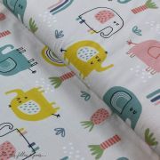 Tissu jersey coton motif éléphants "Elephants" - Gris, jaune, vert et rose - Bio - Lillestoff ® Lillestoff ® - Tissus Bio - 1