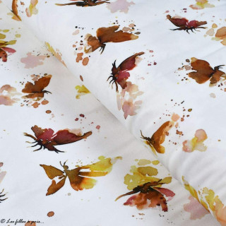 Tissu jersey coton motif papillons "Butterflies" - Blanc, tons ocre et marrons - Oeko-Tex ® Family Fabrics ® - Tissus oekotex - 