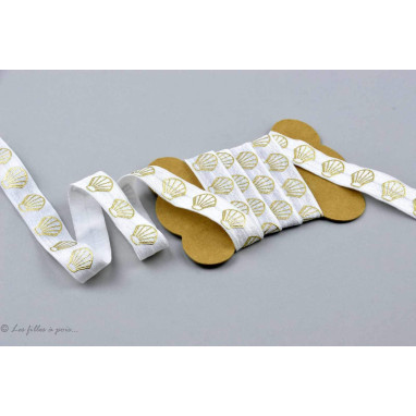 Biais élastique pré-plié motif coquillage doré - Blanc -16mm  - 1