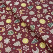 Tissu coton motif gâteaux de Noël - Bordeaux et multicolore - Oeko-Tex ® et GOTS ®