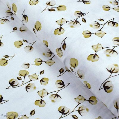 Tissu jersey coton motif fleurs de coton "Sweet Cotton" - Blanc et beige - Oeko-Tex ® Family Fabrics ® - Tissus oekotex - 1