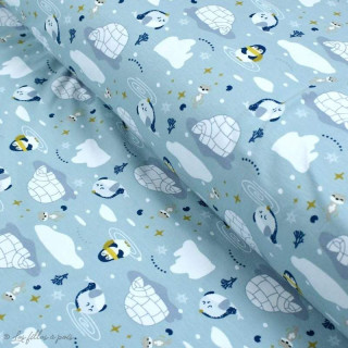 Tissu jersey coton motif pingouin - Vert menthe et bleu - Oeko-Tex ® et GOTS ® Autres marques - Tissus et mercerie - 1