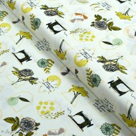 Tissu popeline de coton motif MAC et couture "Her et History" - Ecru et vert - Oekotex ® - AGF ® Art Gallery Fabrics ® - Tissus 