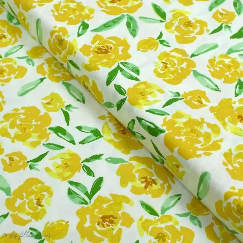 Tissu coton motif fleur "The Open Road" - Ecru et ocre- AGF ® Art Gallery Fabrics ® - Tissus - 1