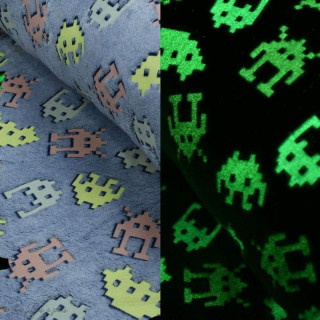 Tissu minky néon phosphorescent double face motif robot esprit "Space Invaders" - Gris - Oeko-Tex ® Autres marques - Tissus et m