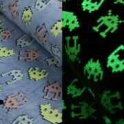 Tissu minky néon phosphorescent double face motif robot esprit "Space Invaders" - Gris - Oeko-Tex ®