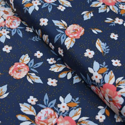Tissu popeline de coton motif fleurs "Homebody" - Bleu foncé, orange et vert - Oekotex - AGF ® Art Gallery Fabrics ® - Tissus - 
