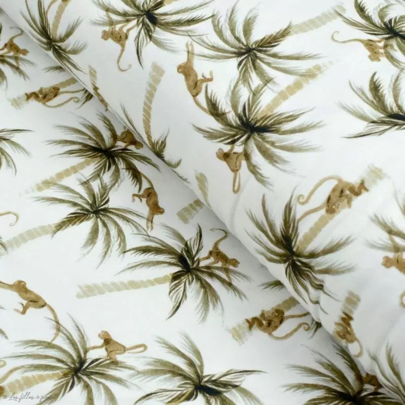 Tissu jersey coton motif singe "Palm and Monkeys" - Blanc et marron - Oeko-Tex ® Family Fabrics ® - Tissus oekotex - 1