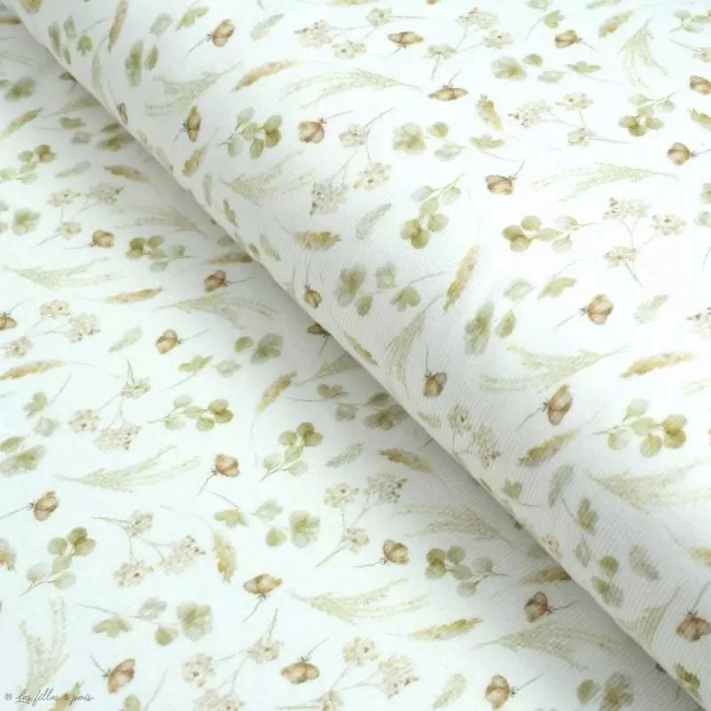 Tissu jersey côtelé motif fleurs "Romantic Dried" - Blanc cassé et tons ocre - Oeko-Tex ® Family Fabrics ® - Tissus oekotex - 1