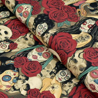Tissu coton motif tête mexicaine "Nocturna" - Noir et pourpre - Henry Alexander ® Alexander HENRY Fabrics ® - Tissus - 1