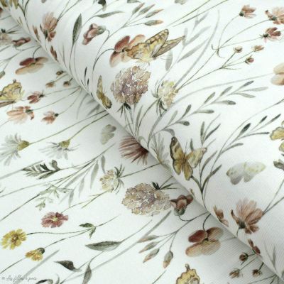 Tissu jersey côtelé motif fleurs "Flowers and Butterflies" - Blanc cassé et tons ocre - Oeko-Tex ® Family Fabrics ® - Tissus oek