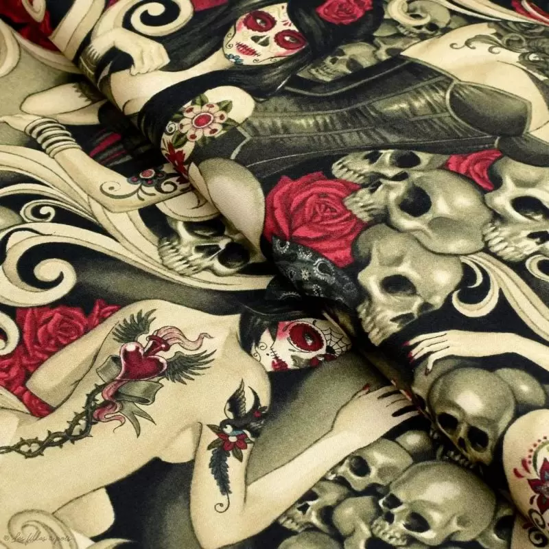 Tissu coton motif tête mexicaine "Las elegantes"" - Noir et pourpre - Henry Alexander ® Alexander HENRY Fabrics ® - Tissus - 1
