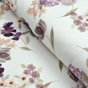 Tissu jersey côtelé motif fleurs "Vintage Floral" - Blanc cassé et tons violet - Oeko-Tex ®