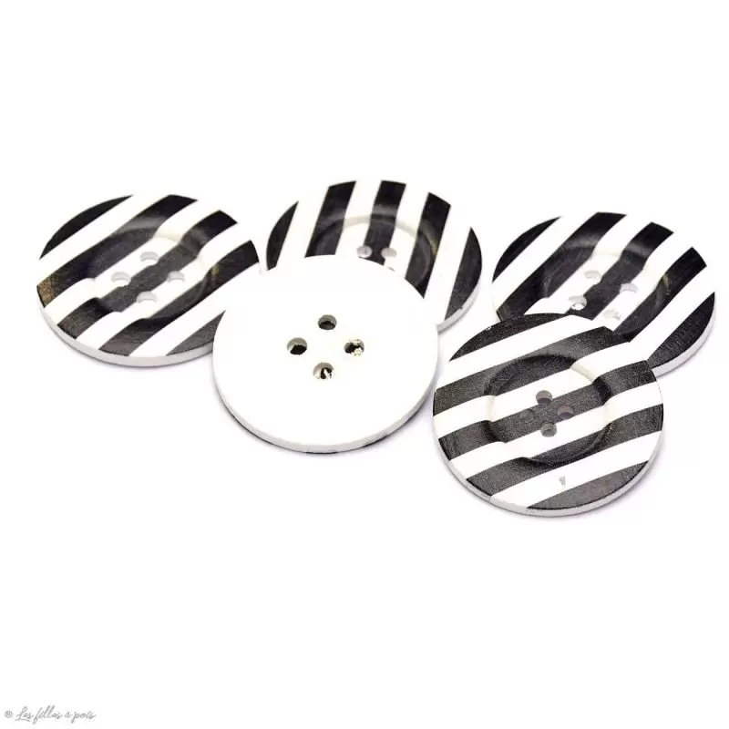 Bouton rond - Rayures - Noir et blanc - 50mm - Lot de 2 - 1
