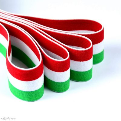 Elastique plat à rayure motif drapeaux d'Italie - Vert, Blanc et rouge - 40mm  - 1