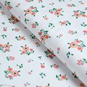 Tissu jersey coton motif fleurs "Boho Flowers"- Blanc et corail - Oeko-Tex et GOTS ®