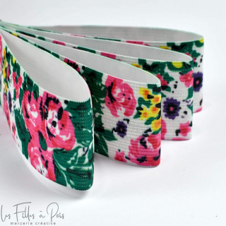 Elastique motif fleur - Blanc, vert et rose - 40mm Autres marques - Tissus et mercerie - 1