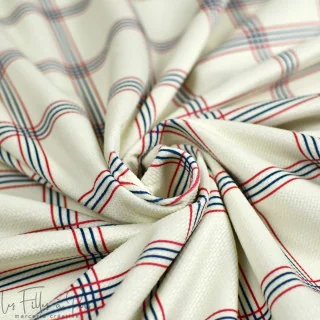 Coupon de tissu minky velours motifs carreaux "Petit Fernand" - Ecru, bleu et bordeaux - 150cm - Les Filles à Pois Les Filles à 