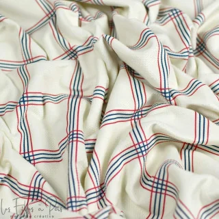 Coupon de tissu minky velours motifs carreaux "Petit Fernand" - Ecru, bleu et bordeaux - 150cm - Les Filles à Pois Les Filles à 