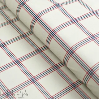 Coupon de tissu minky velours motifs carreaux "Petit Fernand" - Ecru, bleu et bordeaux - 150cm - Les Filles à Pois Les Filles à 