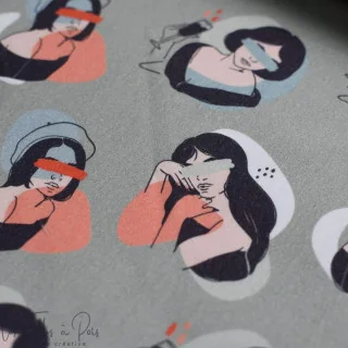 Coupon de tissu popeline de coton motif visages femmes "Sisters A" - Vert et terracotta - 220cm - Les Filles à Pois Les Filles à
