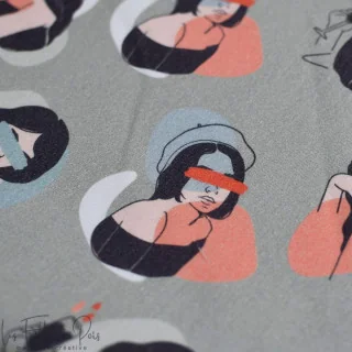 Coupon de tissu popeline de coton motif visages femmes "Sisters A" - Vert et terracotta - 220cm - Les Filles à Pois Les Filles à