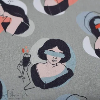 Coupon de tissu popeline de coton motif visages femmes "Sisters A" - Vert et terracotta - 220cm - Les Filles à Pois Les Filles à