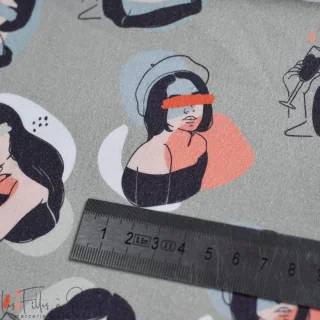 Coupon de tissu popeline de coton motif visages femmes "Sisters A" - Vert et terracotta - 220cm - Les Filles à Pois Les Filles à