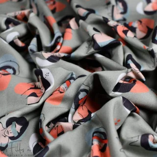 Coupon de tissu popeline de coton motif visages femmes "Sisters A" - Vert et terracotta - 220cm - Les Filles à Pois Les Filles à