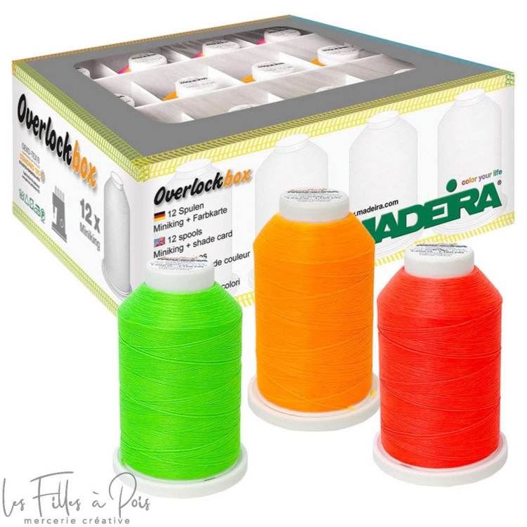 Coffret de 12 cônes de fil mousse Aeroflock Fluorescents 1200m - 3 couleurs Vert Orange rouge - Madeira® Madeira ® - Fils à brod Coffret de 12 cônes de fil mousse Aeroflock Fluorescents 1200m - 3 couleurs Vert Orange rouge - Madeira® Madeira ® - Fils à brod