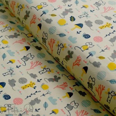 Tissu jersey motif petits animaux - Ecru, rose, jaune et gris - Oeko-Tex ® - Stenzo Textiles ® Stenzo Textiles ® - Tissus Oekote