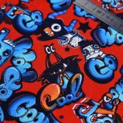 Tissu french terry coton motif tags - Bleu, rouge et noir - Oeko-Tex ® - Stenzo Textiles ® Stenzo Textiles ® - Tissus Oekotex - 