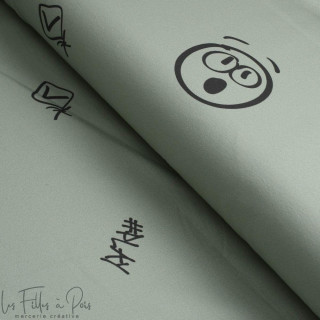 Tissu french terry motif smilet emot collection "Collection Sister A" - Vert et gris - Les Filles à Pois ® - Oeko-Tex ® Les Fill