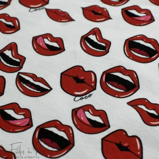 Coupon de tissu jersey motif bouches "Coco" - Blanc, rouge et noir - 360cm - Les Filles à Pois Les Filles à Pois - Design : moti