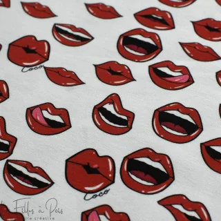 Coupon de tissu jersey motif bouches "Coco" - Blanc, rouge et noir - 360cm - Les Filles à Pois Les Filles à Pois - Design : moti