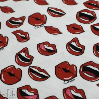 Coupon de tissu jersey motif bouches "Coco" - Blanc, rouge et noir - 360cm - Les Filles à Pois Les Filles à Pois - Design : moti