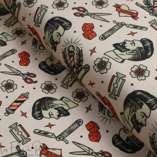 Tissu jersey motif barbier collection "Barbershop" - Nude, rouge et noir - Les Filles à Pois ® - Oeko-Tex ® Les Filles à Pois - 