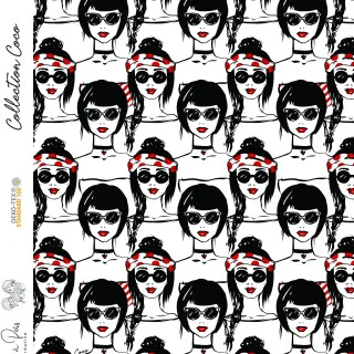 Coupon de tissu french terry motif visages "Coco" - Blanc, rouge et noir - 360cm - Les Filles à Pois Les Filles à Pois - Design 