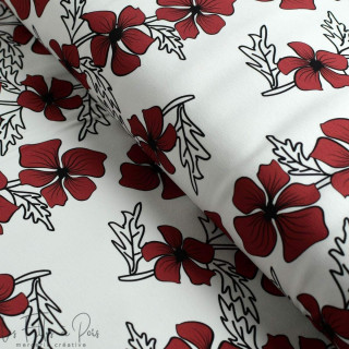 Tissu french terry motif fleurs collection "Coco" - Blanc, rouge et noir - Les Filles à Pois ® - Oeko-Tex ® Les Filles à Pois - 