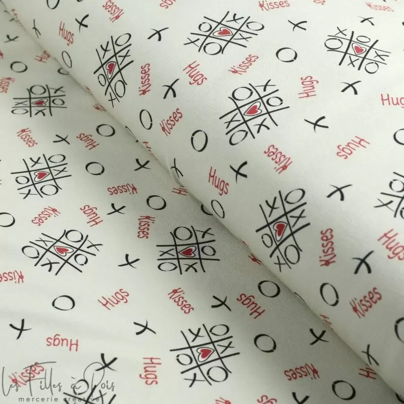 Tissu french terry motif xoxo collection "Madame M" - Ecru, rouge et gris - Les Filles à Pois ® - Oeko-Tex ® Les Filles à Pois -