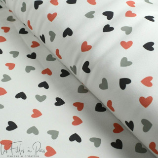 Tissu french terry motif coeurs collection "Sisters A" - Ecru, gris, vert et terracotta - Les Filles à Pois ® - Oeko-Tex ® Les F
