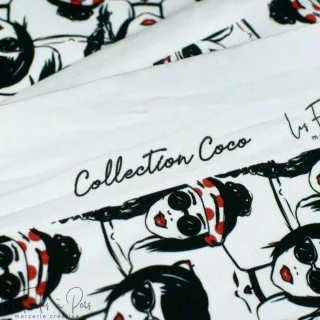 Coupon de tissu french terry motif visages "Coco" - Blanc, rouge et noir - 360cm - Les Filles à Pois Les Filles à Pois - Design 