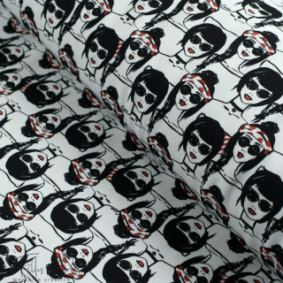Tissu french terry motif visages collection "Coco" - Blanc, rouge et noir - Les Filles à Pois ® - Oeko-Tex ® Les Filles à Pois -
