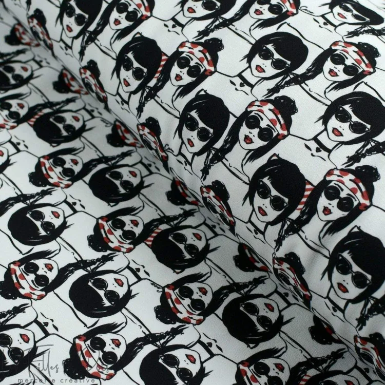 Coupon de tissu french terry motif visages "Coco" - Blanc, rouge et noir - 360cm - Les Filles à Pois Les Filles à Pois - Design 