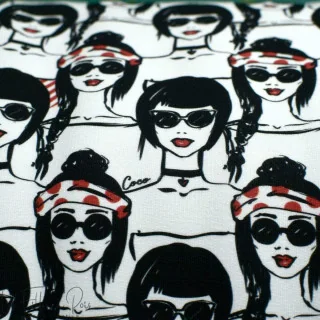 Coupon de tissu french terry motif visages "Coco" - Blanc, rouge et noir - 360cm - Les Filles à Pois Les Filles à Pois - Design 