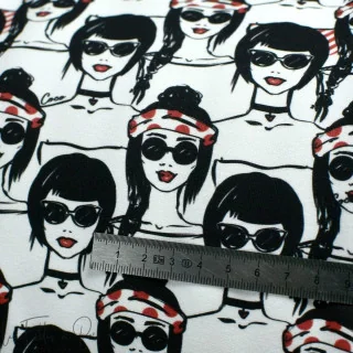 Coupon de tissu french terry motif visages "Coco" - Blanc, rouge et noir - 360cm - Les Filles à Pois Les Filles à Pois - Design 